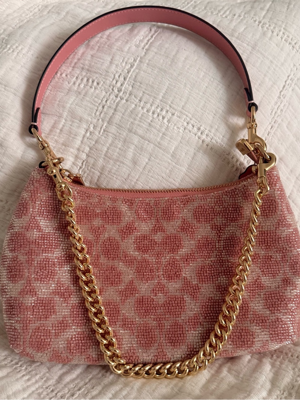 Coach Pink Beaded Shoulder Bag with Gold Chain